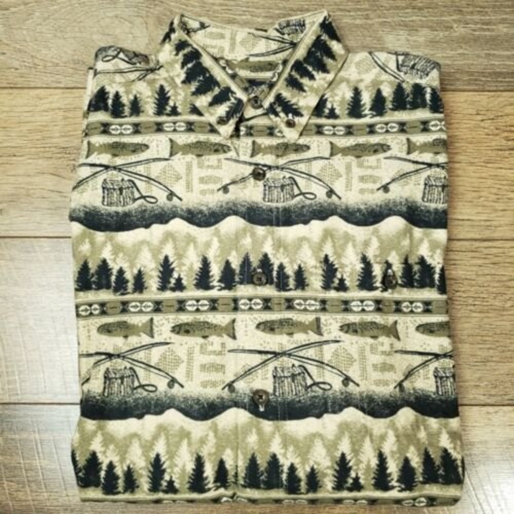Woolrich Mens Long Sleeve Fishing Print Button Up Shirt Sz Large Heavyweight